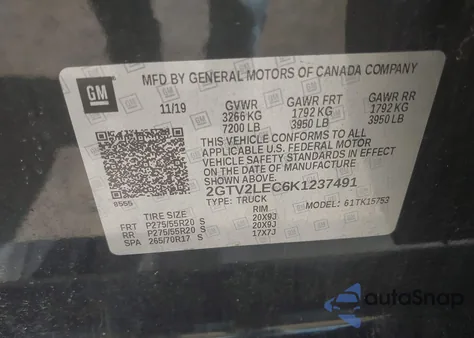 2019 GMC Sierra 1500 Limited z USA, uszkodzony, nr VIN 2GTV2LEC6K1237491